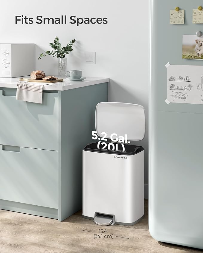 SONGMICS Trash Can, Garbage Can with Lid, 5.2-Gallon (20L) Step Trash Bin for Kitchen, Stainless Steel, Soft Close and Stays Open, Inner Bucket, Includes 15 Trash Bags, White ULTB543W01