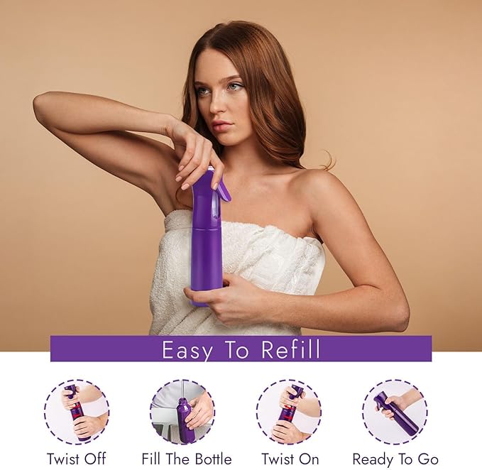 VIGOR PATH Continuous Spray Bottle with Ultra Fine Mist - Versatile Water Sprayer for Hair, Home Cleaning, Salons, Plants, Aromatherapy, and More - Empty Hair Spray Bottle - 300ml/10.1oz (Dark Purple)
