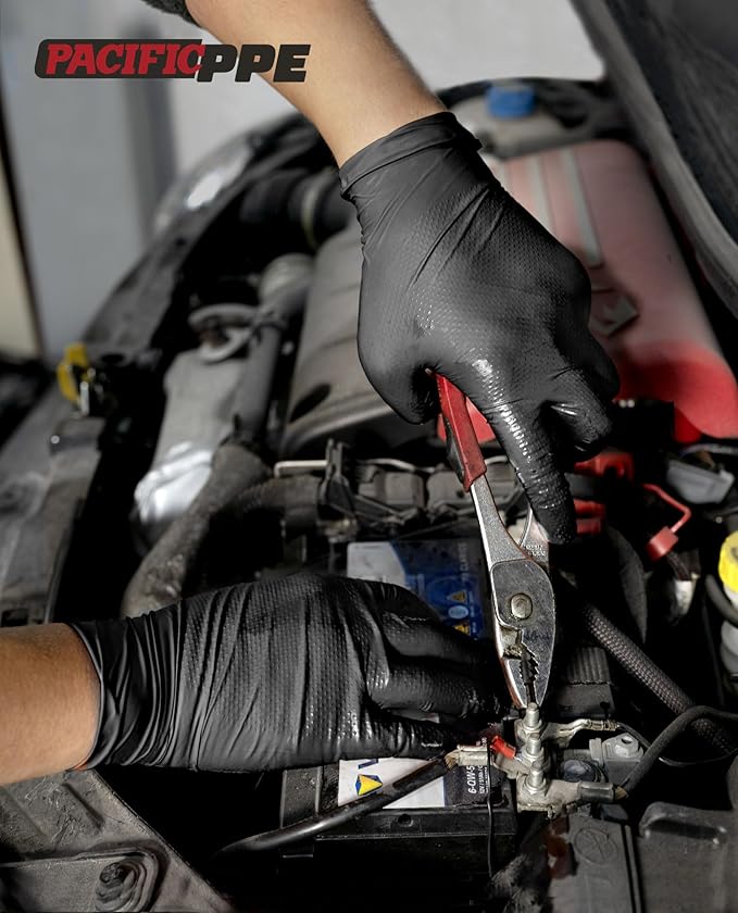PACIFIC PPE 8 Mil Heavy Duty Black Nitrile Gloves, Food Safe, Latex Free, Mechanic, Fully-Diamond Textured Grip Industrial Disposable Gloves, X-Large