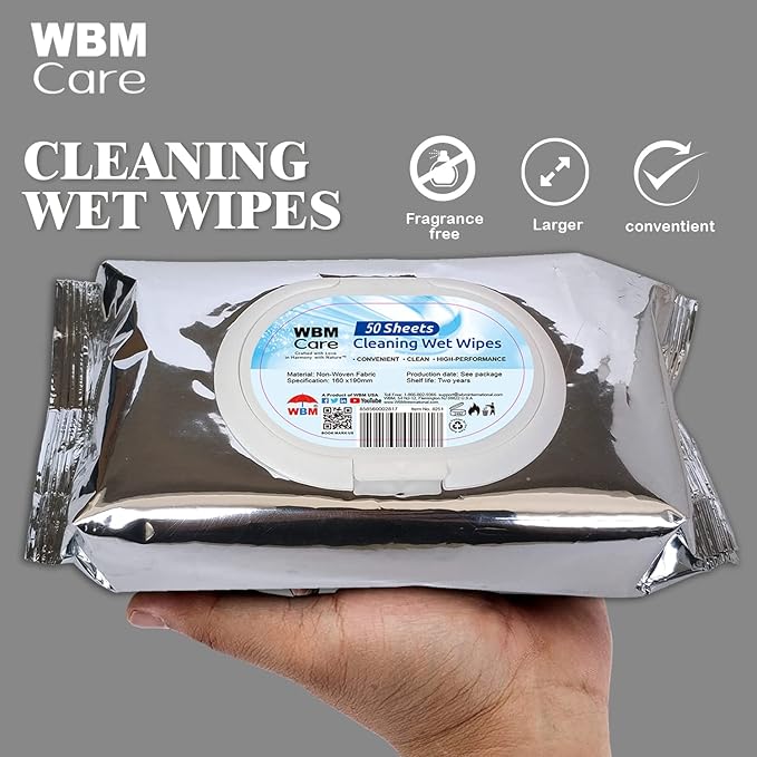 WBM Care Wet Wipes, Thick & Strong for Easy Cleaning, Unscented and Convenient, Flip Top Dispenser, For all Types of Surfaces, Cleaning Wipes, 50 Sheets (Pack of 6)