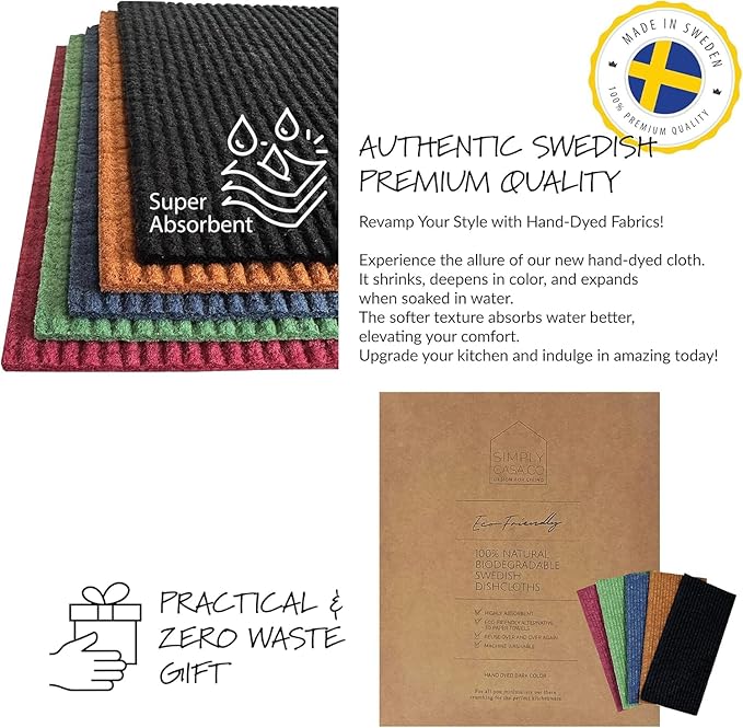 Hand‑Dyed 5‑Pack Swedish Dishcloths – Reusable, Biodegradable Cloths, Super‑Absorbent Dual‑Texture, Plastic‑Free Packaging, Made in Sweden