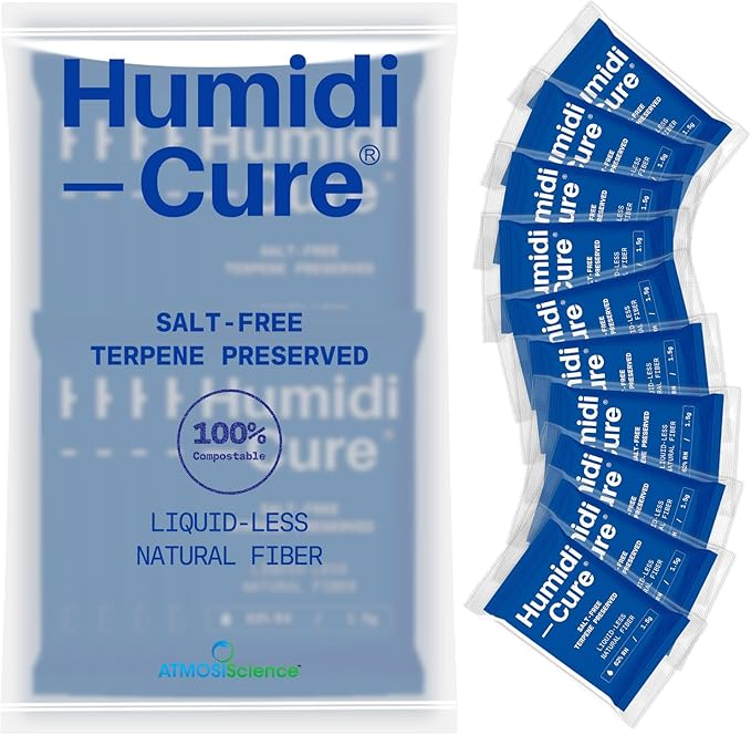 Humidi-Cure 62%RH 2-Way Humidity Packs, Each for Storing 1/8 oz Herb, Preserving Aroma and Flavor with Liquidless Plant-Fiber, Salt-Free, Humidity Packs with Individual Sealed Bag (Size 1.5g, 10 Pack)