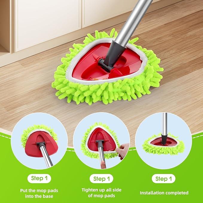 Chenille Mop Heads Replacements 4 Pcs &1 Brush Head & 1 Base Set for Ocedar Easywring 1-Tank System,Reusable Microfiber Spin Mop Replacement Head for Floor Cleaning and Tile