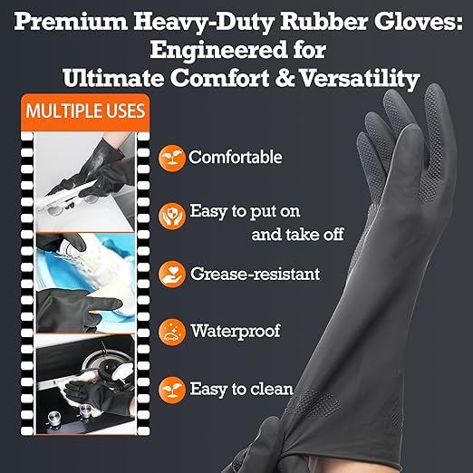 Thick Rubber Cleaning Gloves - 2 Pairs Black Rubber Gloves for Dishwashing Large, Non-Slip Kitchen Gloves for Washing Dishes, Reusable Cleaning Gloves, Waterproof, Heavy-Duty (2P,L)