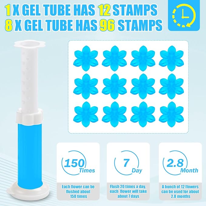8 Pack Toilet Gel Stamp, 96 Stamps 8 Kinds Of Scent Toilet Bowl Cleaner Gel, Long-Lasting Flowers Shaped Bathroom Freshener, Keeps Toilet Fresh Fragrant and Clean
