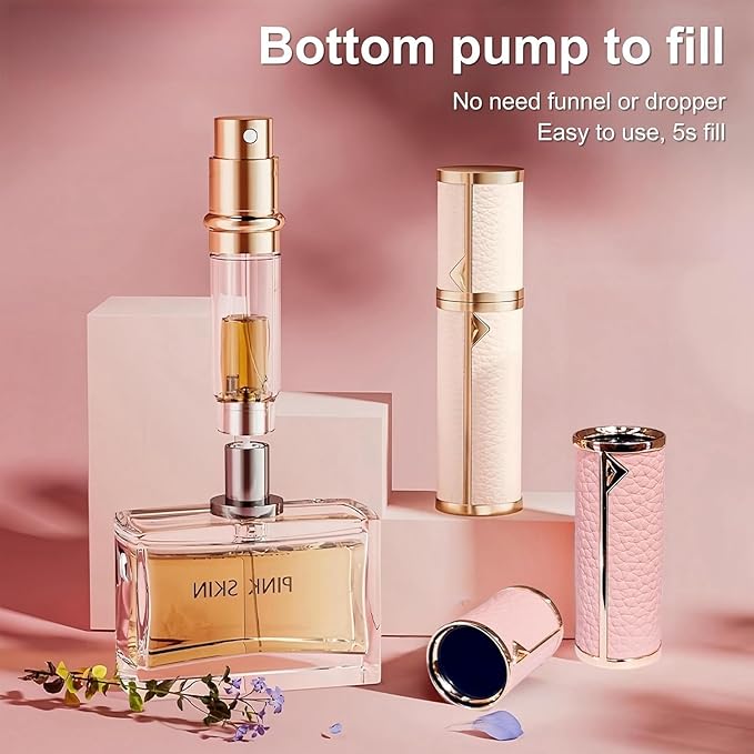 Travel Perfume Bottle Refillable,Perfume Travel Refillable Mini Spray Bottles Leather Cologne Dispenser, Portable Empty Spray Bottle Cologne Dispense Filling Atomizer 5ml (Pink)