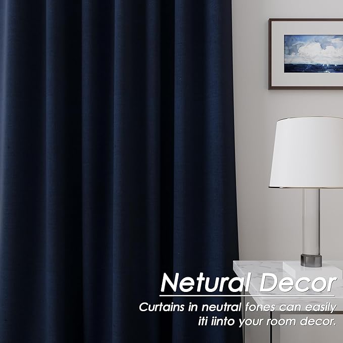 Navy Blue Linen Blackout Curtains 84 Inches for Bedroom Pinch Pleated Modern Living Room Draperies 84 Length 2 Panels Energy Saving Thermal Insulated Dark Blue Black Out Curtains with White Backing