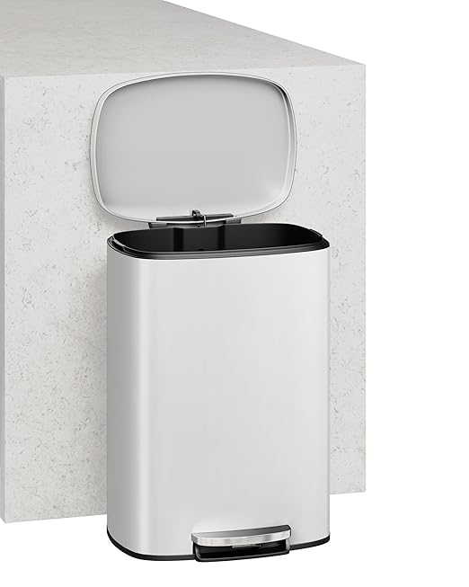 Garvee 13 Gallon / 50 Liter Metal Kitchen Trash Can with Lid, Large Rustproof Garbage Can for Kitchen, Step-on Trash Bin with Inner Bucket, Rear Handle, Soft Close Lid, White