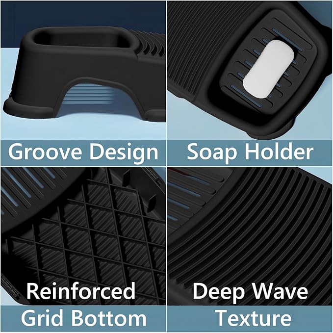 2 Pack Washboard for Hand Washing Clothes, New Updated Wash Boards Set with Soap Holder and Non-slip Base, 2 Sizes Lightweight Washboard for Kitchen Sink, Countertop, Bathtubs (Dark Black)