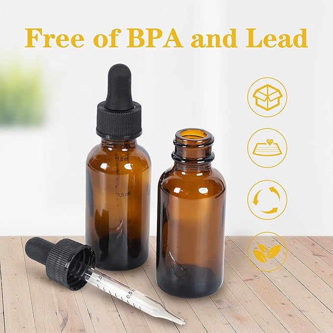 1 oz Dropper Bottle 24 Pack Amber Glass Boston Bottles 30ml with Eye Droppers Black Caps for Essential Oils, Perfume, Leak Proof Travel Bottles for Liquids