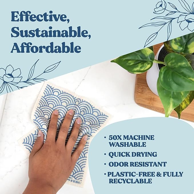 FEBU Swedish Dishcloths for Kitchen | 5 Pack Watercolor Reusable Paper Towels Washable | Swedish Dish Towels | Non-Scratch Cellulose Sponge Cloths | No Odor, Biodegradable Cleaning Cloths