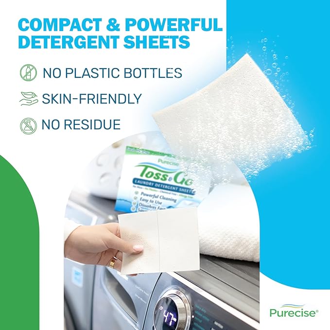 Purecise - Toss & Go - Fresh Meadow Laundry Detergent Sheets - Powerful Clean, No Mess, Fast-Dissolving, No Residue - 60 Loads - 30ct Pack of 1
