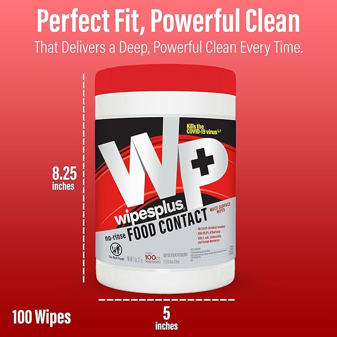 WIPESPLUS No-Rinse Food Contact Wipes Canister Multi-Surface Wipes, Unscented for Home and Business, 100, (1 Pack of 100)