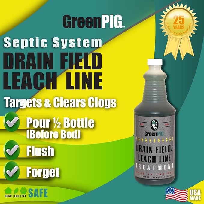 GREEN PIG Drain Field Cleaner, Septic Safe Drain Clog Remover, Treatment for Quickly Clearing Leach Field System Clogs, Back-Ups, and Foul Odors in Septic Tank Systems, 1 Quart