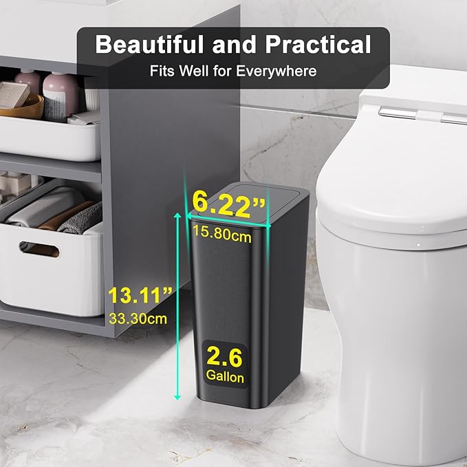 N. NETDOT 3 Pack 10L/2.6 Gal Bathroom Trash Can with Lid, Trash Bin with Press Lid, Small Trash Can/Slim Garbage Cans/Waste Basket for Bathroom,Kitchen,Office,Bedroom - Black,Gray,Off White