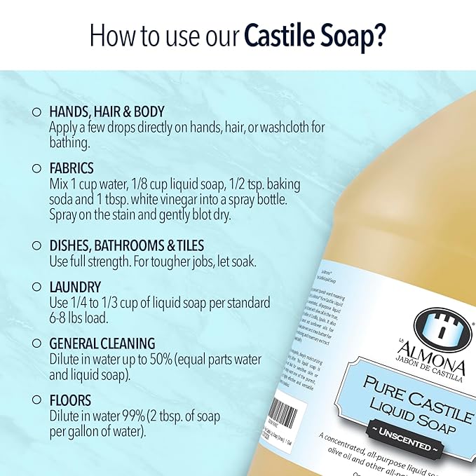 Pure Castile Liquid Soap, UNSCENTED, 1 Gallon - Multipurpose: Hands, Face, Body, Laundry, Dishes & More - For Sensitive Skin, All-Natural Ingredients, Fragrance Free