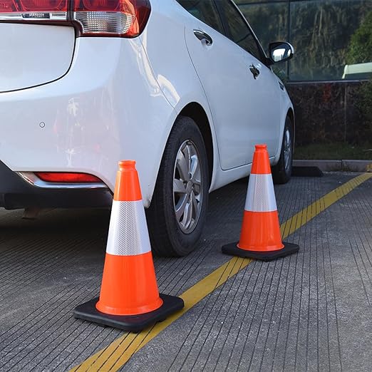 Fluorescent Orange/Green PVC Traffic Cones, Heavy Black Base Parking Lot Cone Structurally Stable Weatherproof Road Construction Safety Cones (8, Orange, 18" Medium)