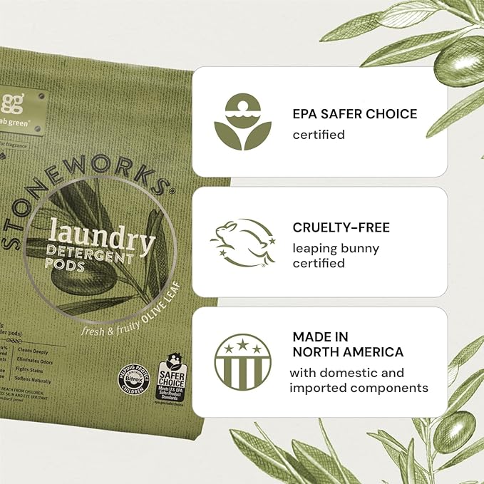 Grab Green Stoneworks Laundry Detergent Pods, 100 Count, Olive Leaf Scent, Plant And Mineral Based, Cleans Deeply, Eliminates Odors, Fights Stains, So