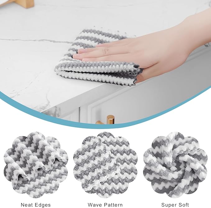 Homaxy 18 Pack Kitchen Dish Cloths, Ultra Soft and Absorbent Dish Towels, Reusable Fast Drying Microfiber Cleaning Cloth, Coral Velvet Wave Design No-lint,10 x 10 inches, Grey