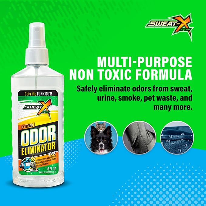 SweatX Extreme Odor Spray - Multipurpose No-Wash Deodorizer - Ideal for Shoes and Gym Clothing - Victory Scent (8 Fl Oz) - 3 Pack
