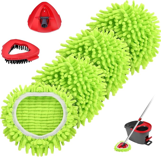 Chenille Mop Heads Replacements 4 Pcs &1 Brush Head & 1 Base Set for Ocedar Easywring 1-Tank System,Reusable Microfiber Spin Mop Replacement Head for Floor Cleaning and Tile