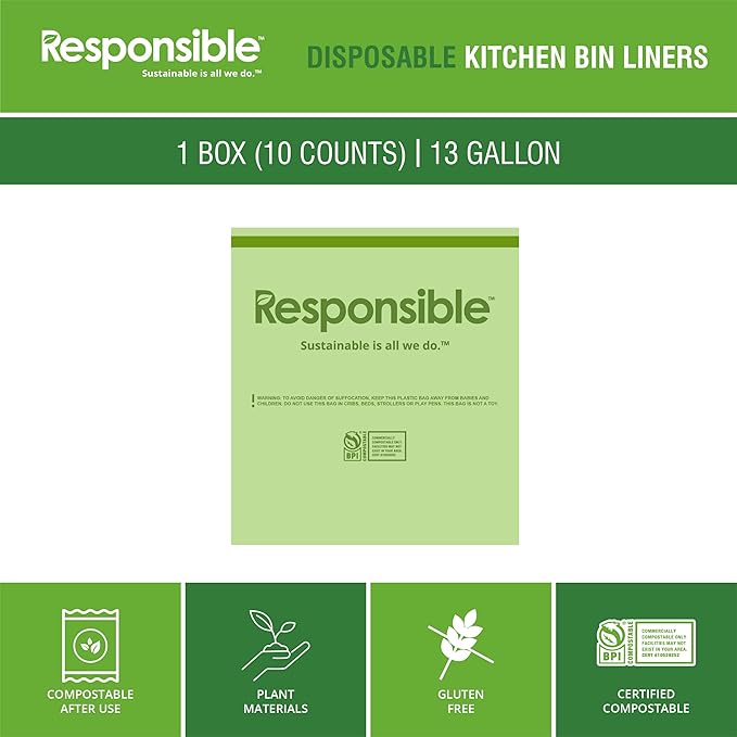 Responsible Products Kitchen Bin Liners, Certified Compostable, Heavy Duty Multipurpose Food Scrap Bags, Made from Compostable Materials (13 Gallon Drawstring, 13 Gallon (10 Count))
