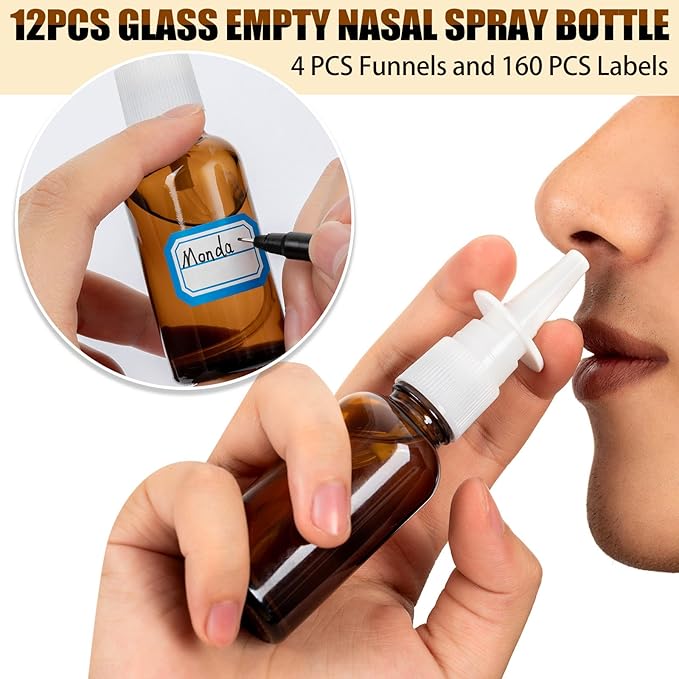 20 Pcs Nasal Spray Bottle, 30ML/1oz 12 Pcs Empty Refillable Fine Mist Glass Nasal Spray Bottle with 4 Pcs Funnels and 4 Pcs Labels…