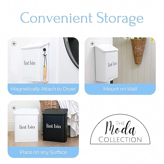 Magnetic Lint Bin for Laundry Room Organization and Storage, Includes Magnetic Hook & Lint Brush, Wall-Mounted Laundry Dryer Bin for Laundry Room Decor, Space-Saving Trash Can (Matte White)