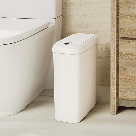 EKO Automatic Bathroom Trash Can with Lid, 2.6 Gallon Slim Touchless Garbage Can, Waterproof Motion Sensor Trash Bin for Bathroom, Office, Kitchen, White