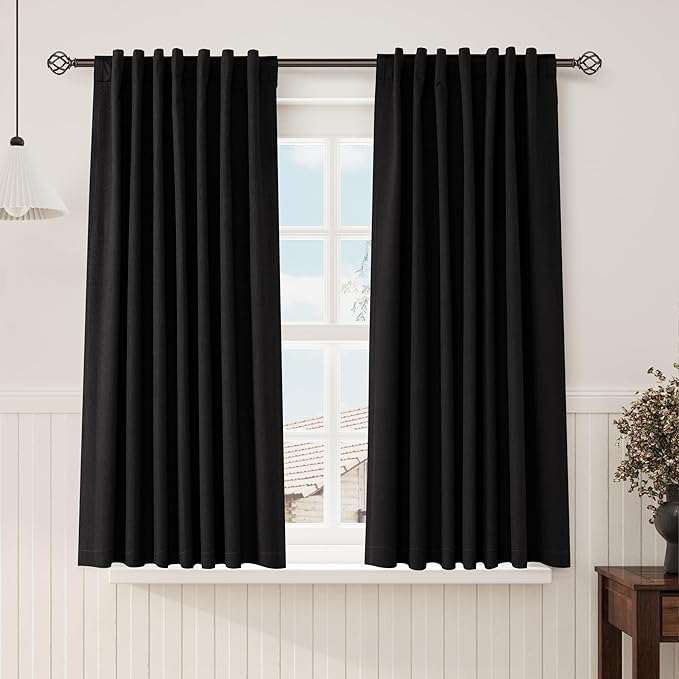 Nanspring Black 100% Blackout Curtains 63 inches Long Back Tab Rod Pocket Thermal Insulated Textured Short Blackout Curtains 2 Panels Set 52x63