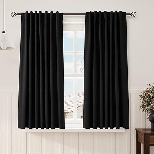Nanspring Black 100% Blackout Curtains 63 inches Long Back Tab Rod Pocket Thermal Insulated Textured Short Blackout Curtains 2 Panels Set 52x63