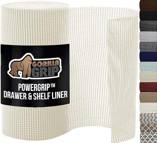 GORILLA GRIP powerGRIP Drawer Shelf and Cabinet Liner, Thick Strong Hold, Non-Adhesive Liners Protect Kitchen Cabinets and Cupboard, Bathroom Drawers, Easy Install, Breathable Mat, 17.5" x30', White