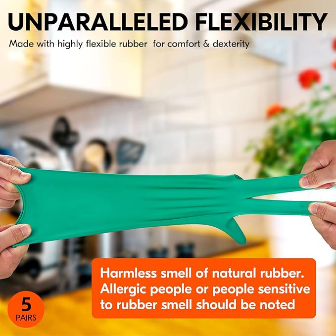 Vgo... 5-Pairs Reusable Household Gloves, Rubber Dishwashing gloves, Extra Thickness, Long Sleeves, Kitchen Cleaning, Working, Painting, Gardening, Pet Care (Size L, Green, HH4601)