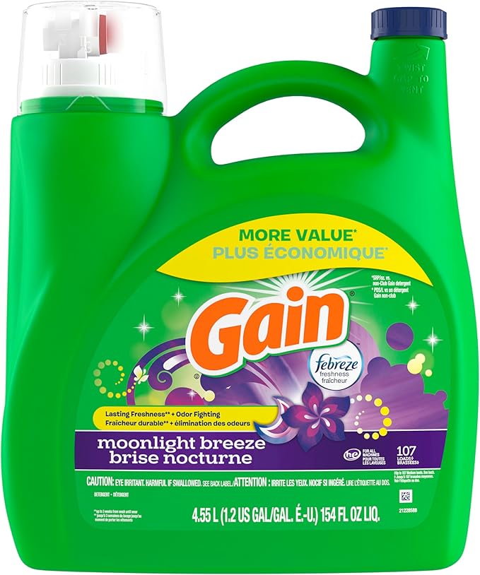 Gain Liquid Laundry Washing Detergent, Moonlight Breeze Scent 154 fl oz, 107 Loads, Lasting Freshness + Powerful Cleaning and Odor Fighting ingredients