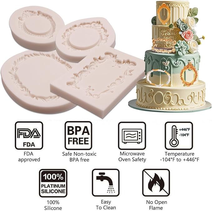 Picture Frame Fondant Molds, 4 Packs Vintage Baroque Mirror Silicone Molds for Chocolate Resin Clay Cake Decorating