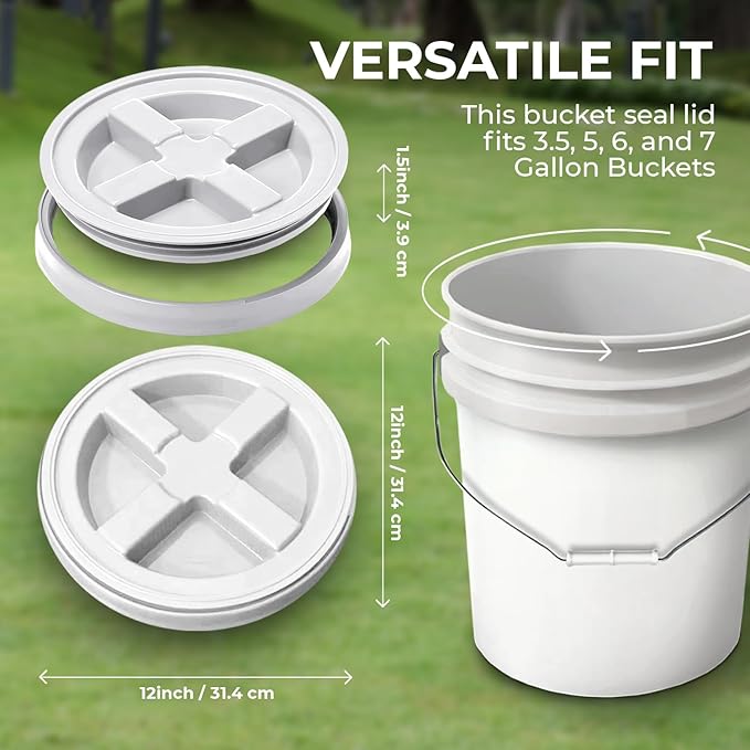 5-Gallon Grey Bucket Pail with Gamma Seal Screw on Airtight Lid, Metal Handles with Plastic Grip for Easy Carrying, Easy Stack and Store, Heavy-Duty 90MIL Extra Durable, Food Grade, BPA Free - 5 Pack