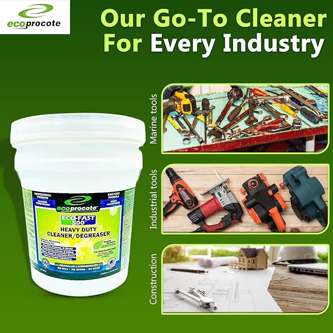 EcoFast 500 New & Improved Heavy-Duty Degreaser Cleaner — Non-Toxic, Biodegradable Grease Stain Dissolver — Multi Use Concentrate for Kitchen, Automotive, Floor, Wood, Fabric, Driveway — 5 Gallon