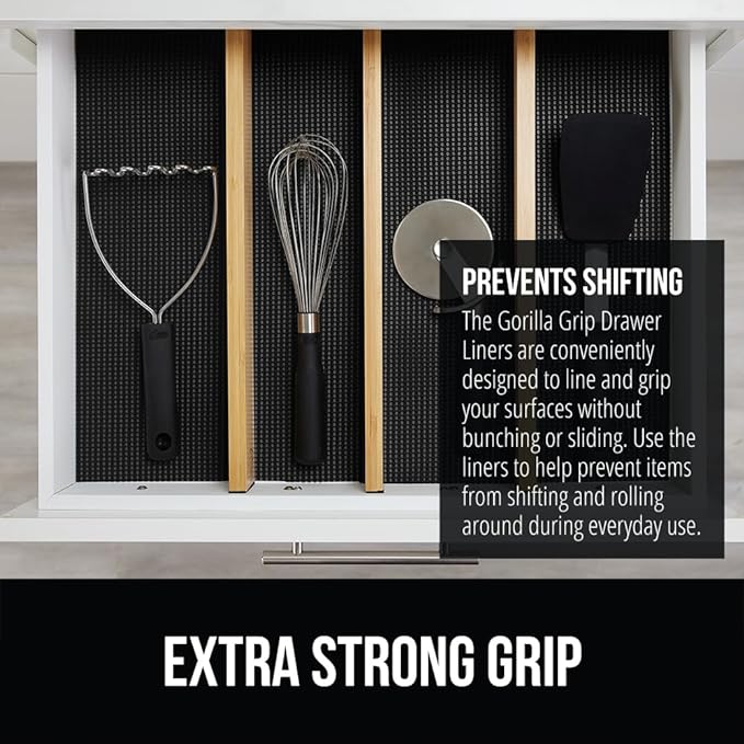 GORILLA GRIP powerGRIP Drawer Shelf and Cabinet Liner, Thick Strong Hold, Non-Adhesive Liners Protect Kitchen Cabinets and Cupboard, Bathroom Drawers, Easy Install, Breathable Mat, 12" x30', Black