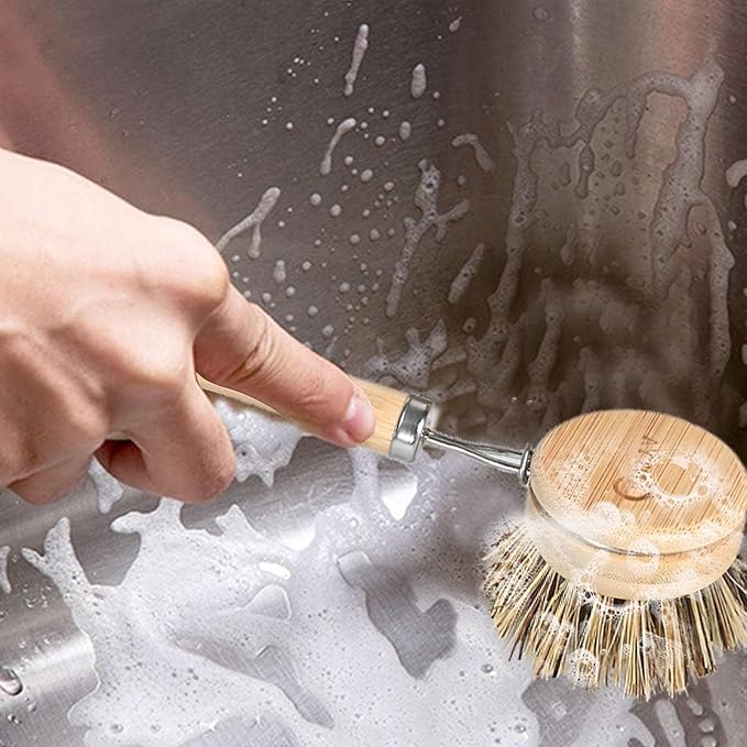 Bamboo Dish Scrubber with Handle - Natural Hard Bristles, Compostable & Sustainable, Kitchen Scrub Brush for Dishes, Pots and Pans