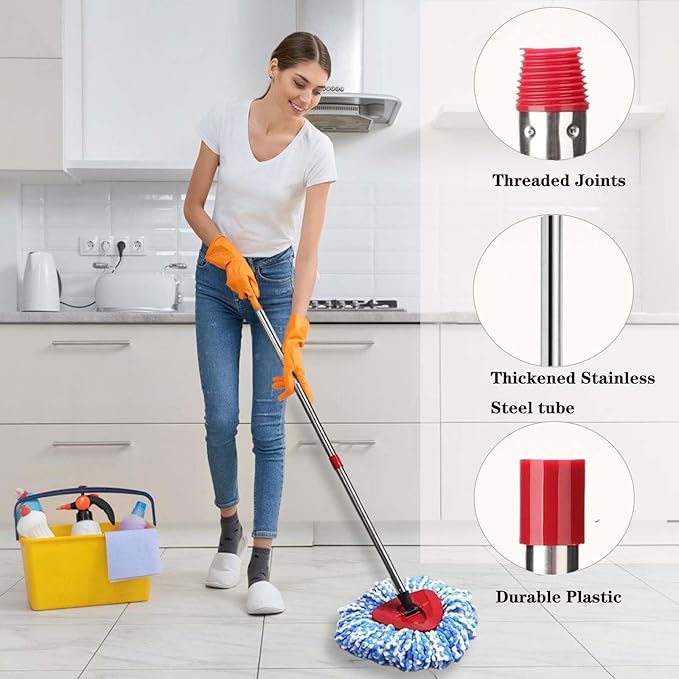 Spin Mop Replace Heads for O Cedar Rinse Clean 2 Tank System, Spin Mop Replacement Head 4 Microfiber Mop Refills, 1 Triangle Head Cover and 30-58in Handle