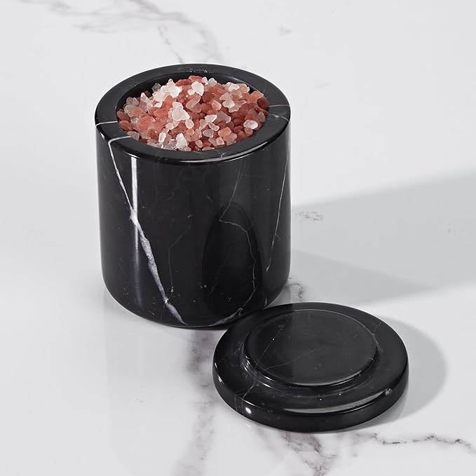 Black Natural Marble Storage Jar with Lid, 3 Inch Dia 3.5 Inch Ht Elegant Stone Canister, Damp-Proof Cosmetic Container for Cotton Swabs, Jewery, Bathroom Bath Salt, Kitchen Jar for Sugar, Coffee