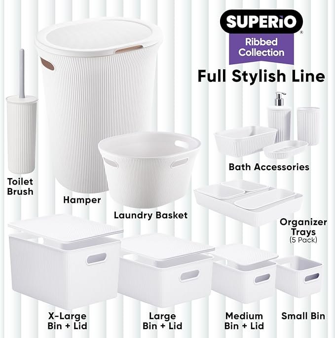 Decorative Plastic Toilet Bowl Brush and Holder Set, White (1 Pack) Cleaner Scrubber for Bathroom - Ribbed Design