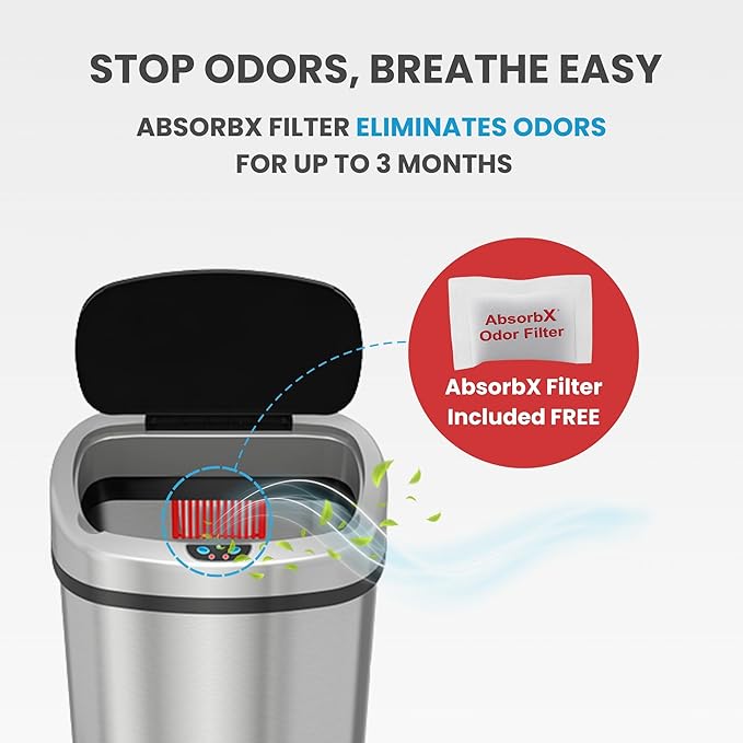 iTouchless SensorCan 50 Liter / 13 Gallon Kitchen Trash Can with Lid & Odor Filter – Motion Sensor Stainless Steel Garbage Bin for Home, Office, or Garage – Slim Oval Shape, Large Capacity Design