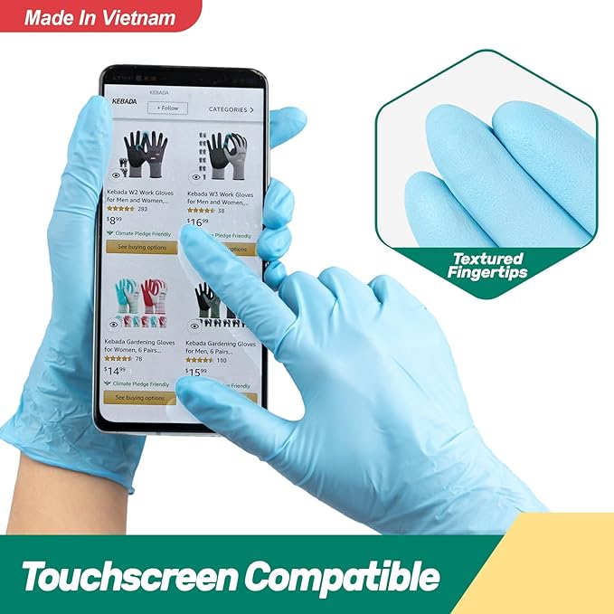 Kebada Nitrile Gloves D1, Nitrile Disposable Gloves for Cleaning, Food Prep, Industrial Grade, Non-Sterile, Food Safe, Powder & Latex Free, Touchscreen, Blue, 100 Count, Large (Made in Vietnam)