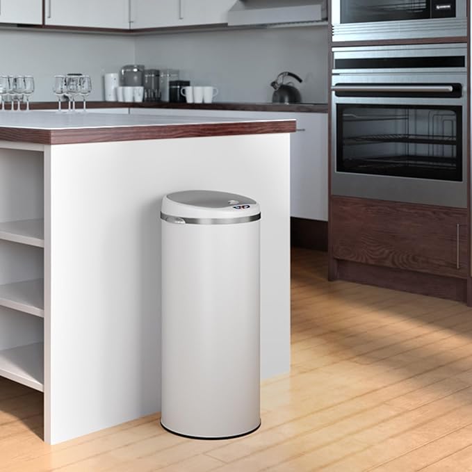 iTouchless 50 Liter / 13 Gallon Sensor Kitchen Trash Can with Odor Filter – Slim Round White Stainless Steel Automatic Garbage Recycling Bin for Home, Office, Business, Garage