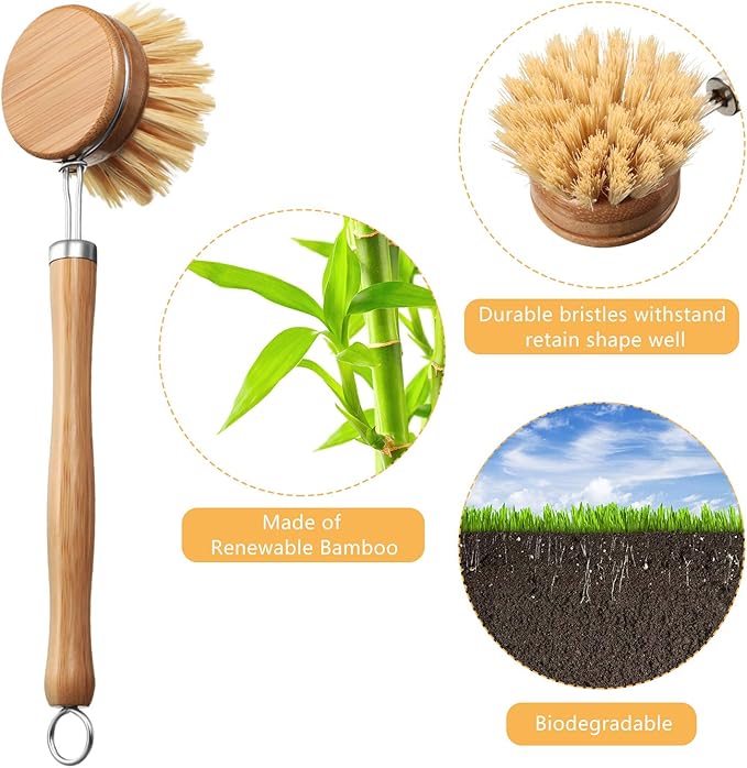 Patelai 8 Pieces Wooden Kitchen Dish Brush Include Bamboo Scrub Cleaning Brush and Replacement Heads Dish Scrubber for Kitchen Room Cleaning Supplies