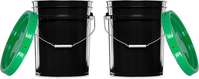 House Naturals 5 Gallon Black Bucket Pail with Green lids Food Grade BPA Free (Pack of 2) Durable 90 Mil All Purpose Container