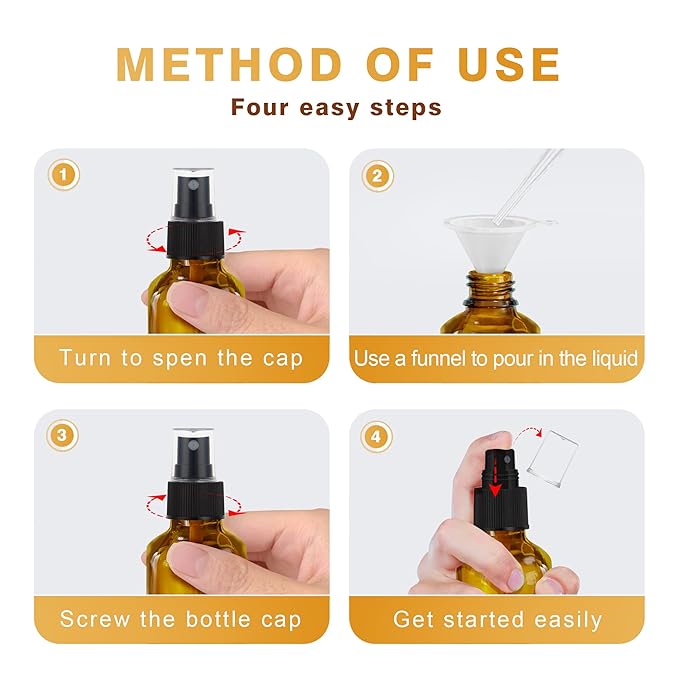 Amber Spray Bottles about 4oz Empty Small Glass Spray Bottle Fine Mist Spray Refillable Containers, Set of 16, Included 24 nozzles, 2 Funnels, 2 Droppers, 24 Labels