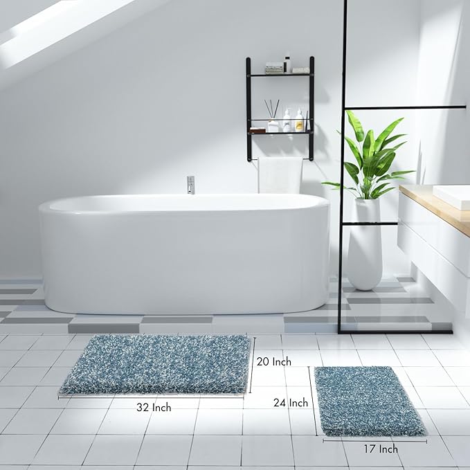 Yimobra Bathroom Rug Set 2 Piece, Soft Absorbent Microfiber Bath Mat Set, Non Slip Machine Washable Dry, Plush Shaggy Shower Rugs for Bathroom Floor, 32"x20"+24"x17", Denim Blue and White