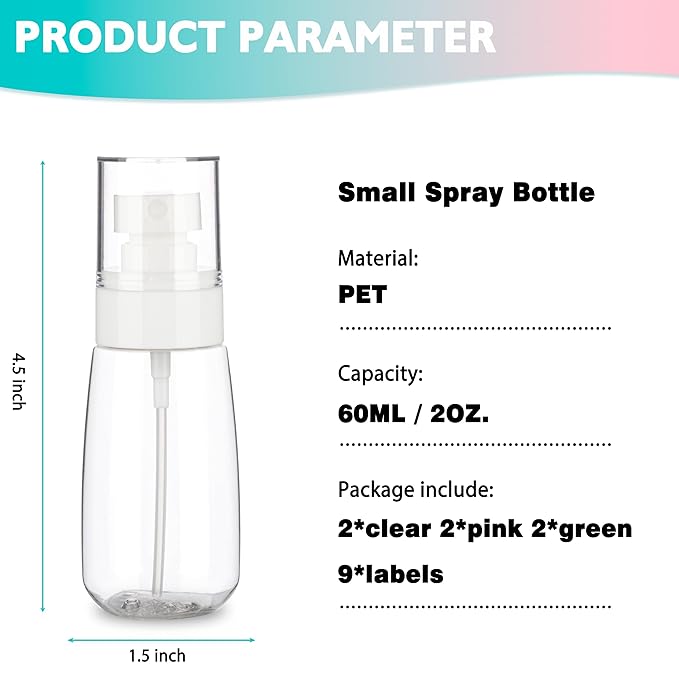 6 Pack 2oz/60ml Small Spray Bottle, Empty Plastic Mini Spray Bottles, Fine Mist Travel Spray Bottle with 9pcs Labels